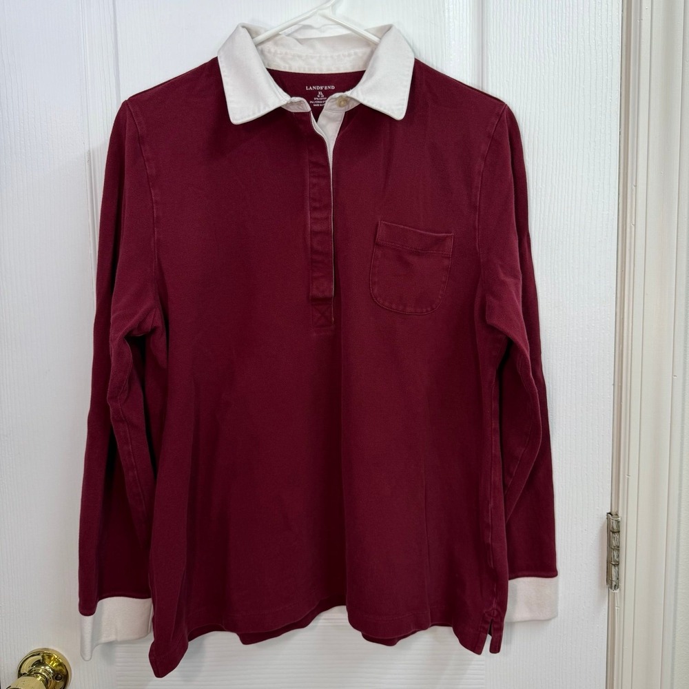 Lands' End Burgundy Long Sleeve Polo with White Collar